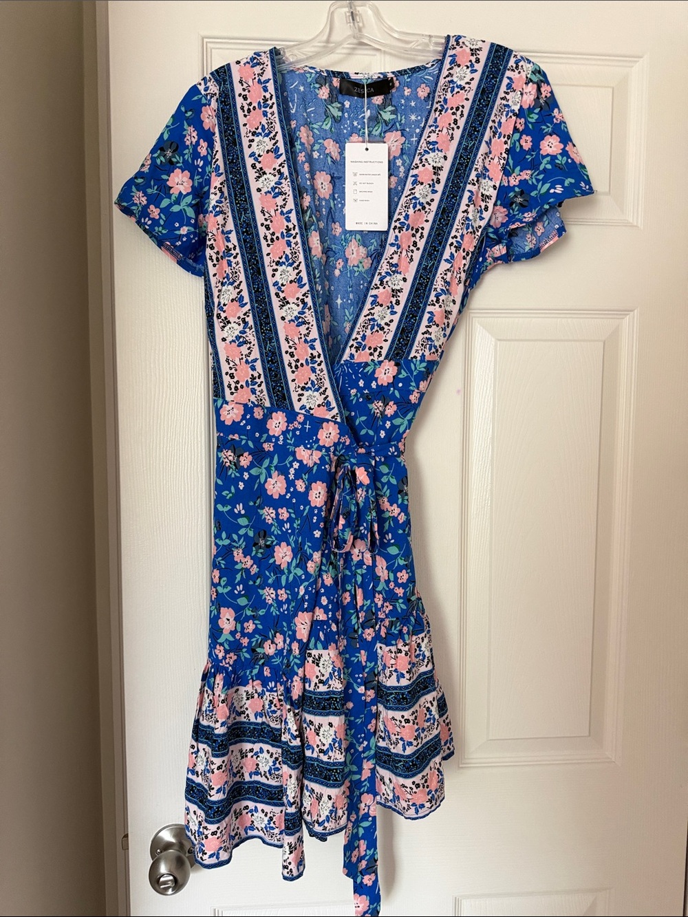 Blue and Pink Floral Wrap Dress